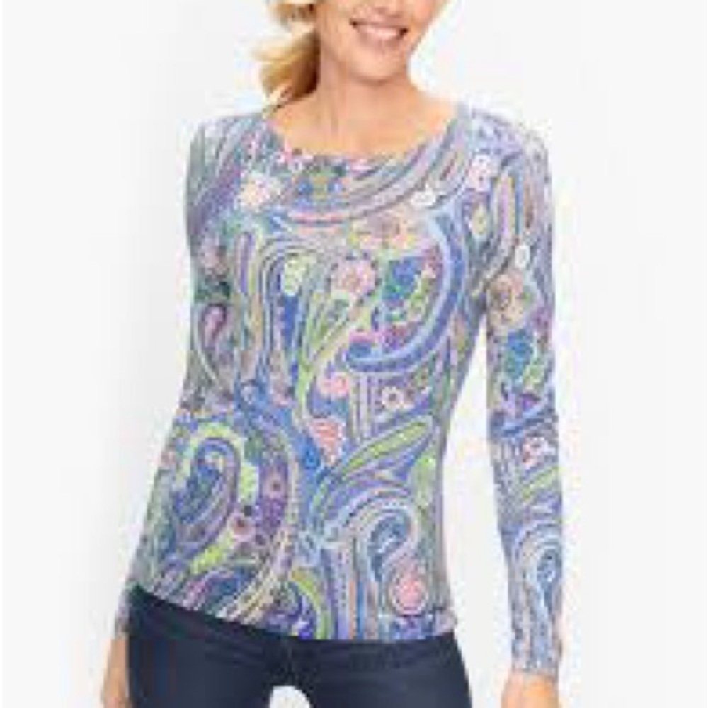 Talbots Petite LP Paisley Print Long Sleeve Tee Tencel Cotton Blend
